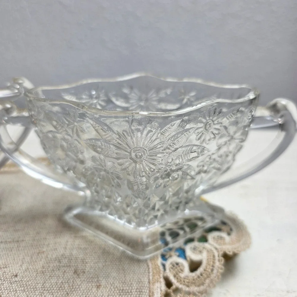 Vintage Indiana Glass Pineapple & Floral Creamer and Sugar Bowl Set Diamond Base